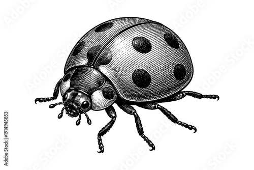 Detailed black and white ladybug drawing with intricate lines