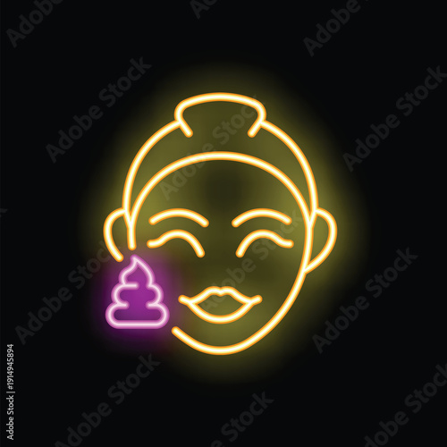 Neon icon of a beautician applying an organic facial mask, glowing in yellow and pink on a black background