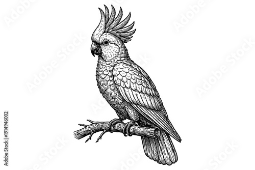 Intricate cockatoo art: detailed line drawing of a parrot perched on a branch