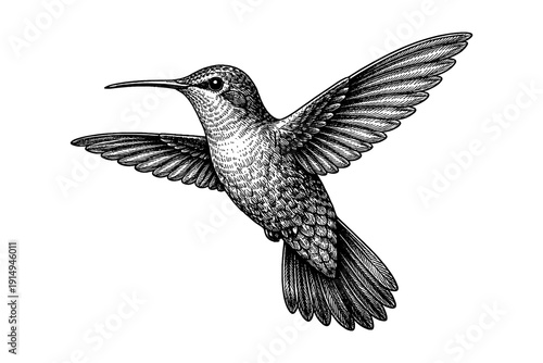 Intricate black and white hummingbird with detailed wing patterns in flight