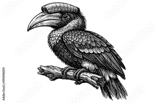 Detailed black and white engraving of a hornbill bird perched on a branch
