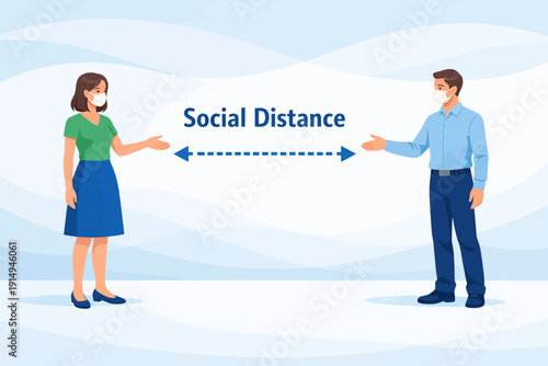 Social Distance People in Face Masks Illustration. Man and Woman Maintaining Physical Safety Gap for Coronavirus and Infection Prevention.