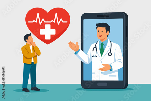 Telemedicine Consultation: Patient talks to doctor online via smartphone app regarding heart health, remote medical diagnosis, and mobile healthcare.