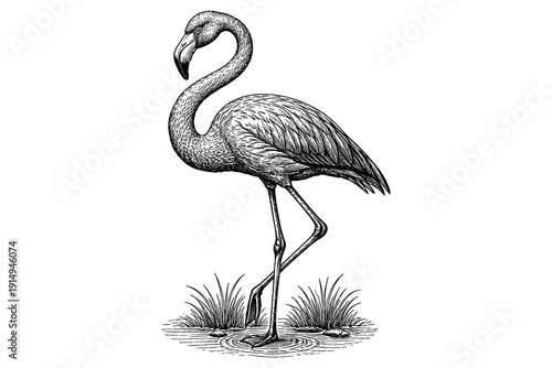 Intricate pen drawing of a flamingo in natural habitat setting