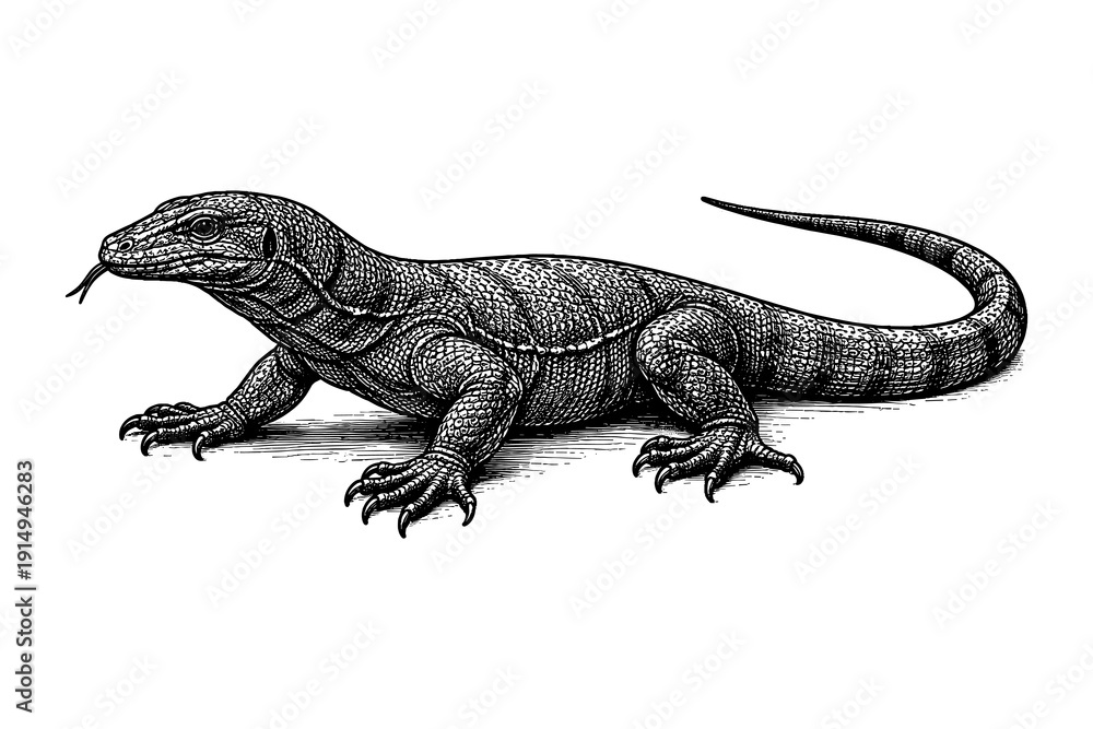 Fototapeta premium Detailed reptile ink drawing of a monitor lizard in black and white