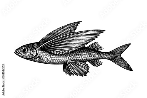 Intricately detailed flying fish with engraved design on white background