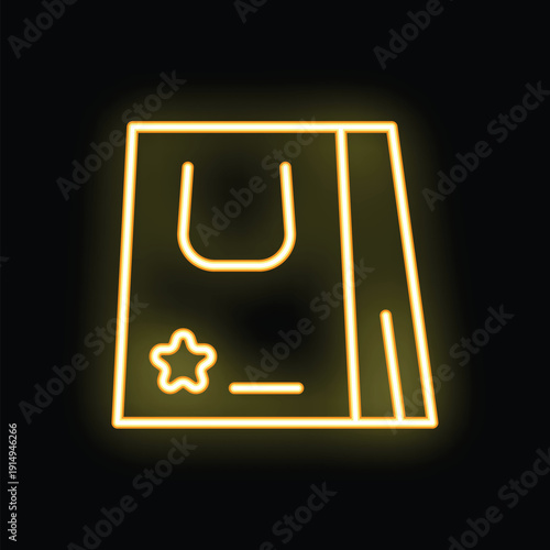 Neon icon of shopping bag glowing yellow on black background, concept of retail and commerce