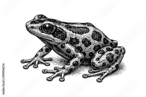 Detailed black and white engraving of a spotted frog in vintage style
