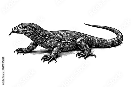 Detailed reptile ink drawing of a monitor lizard in black and white