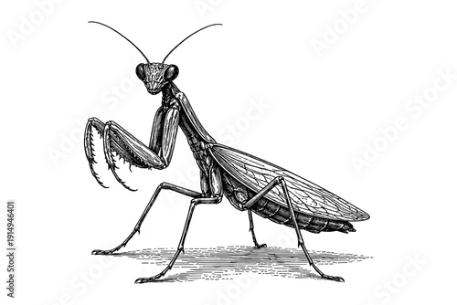 Detailed black and white praying mantis ink drawing with detailed features