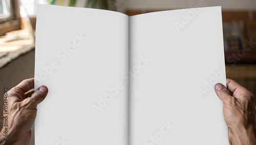 First-person view of hands holding a blank white newspaper mockup.
