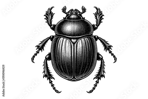 Detailed engraving of a beetle with intricate patterns on a white background