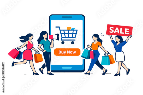 Women Shopping Online During Sale: E-commerce Promotion and Mobile Retail Concept with Smartphone App, Shopping Cart, and Customers Rushing with Bags.