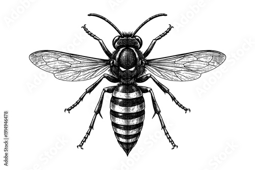 Detailed monochrome drawing of a wasp with intricate patterns in vintage style