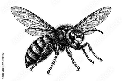 Intricate black and white honeybee drawing highlighting detailed wings and texture