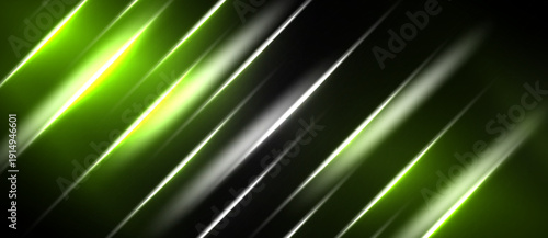 Abstract design features bright green, silver lines against black background. Diagonal streaks create dynamic visual effect. Modern, energetic composition.