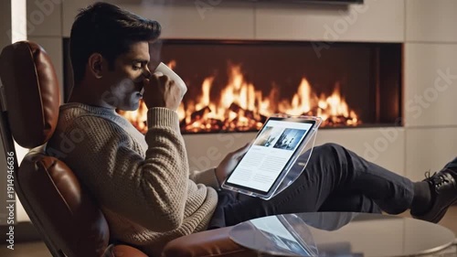 Cozy Man Relaxing with Tablet by Fireplace at Home