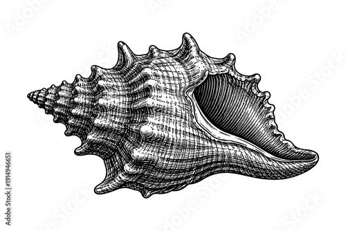 Intricate line art conch shell with detailed shading in black and white
