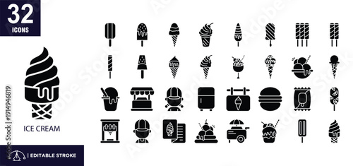  Ice Cream Shop Glyph Icon Set