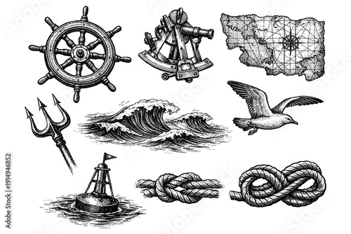 Nautical elements collection: vintage maritime icons and symbols for ocean exploration