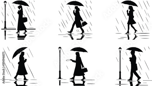 Flat vector illustration of people silhouettes walking with umbrellas in rainy weather, reflections on wet ground, street lamps atmospheric design
