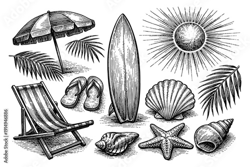 Hand-drawn beach elements with surfboard, shells, and palm leaves for summer design