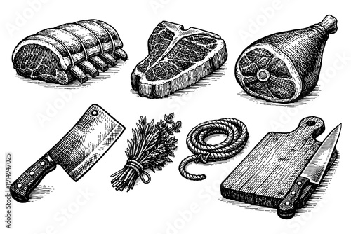 Vintage butcher shop tools and meats in hand-drawn style