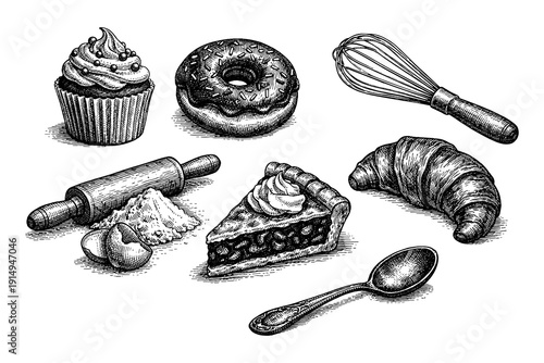 Retro baking desserts and tools with hand drawn style featuring cupcake and whisk