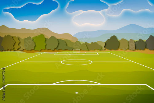 WHITE LINES OF A SOCCER FIELD AGAINST SOFT GREEN GRASS WITH TREES ON BACKGROUND AND CLOUDY SKY - ILLUSTRATION CONCEPT