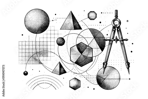 Geometric designs with compass and shapes in halftone art style