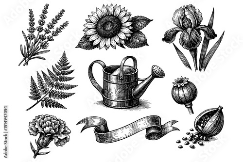 Vintage floral and gardening elements with watering can and ribbon banner