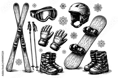 Hand-drawn winter sports equipment with skis, snowboard, and accessories
