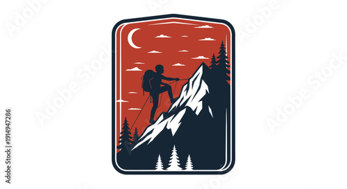 A determined hiker ascends a rugged mountain peak under a crescent moon, embodying adventure and perseverance.