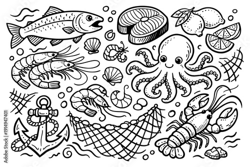 Hand drawn seafood doodles featuring fish, octopus, lobster, and shrimp with nautical elements