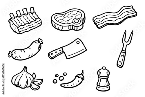 Hand-drawn bbq elements featuring meat cuts and cooking tools in black and white