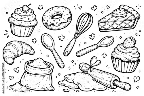 Hand drawn dessert and baking tools set with bakery items and sweet treats