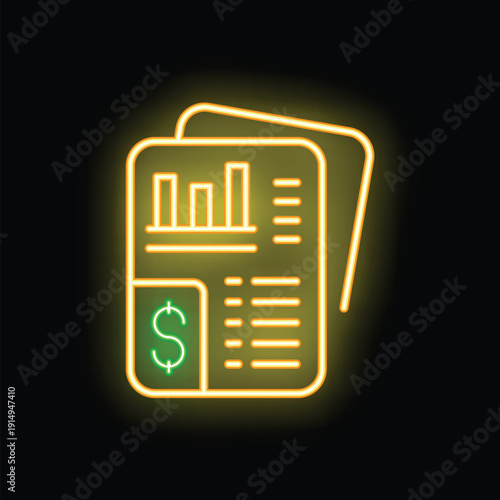 Glowing neon financial report with bar chart, dollar symbol, and data lines, suggesting business analysis and accounting