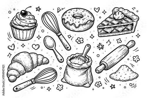 Hand-drawn baking elements: cupcake, doughnut, pie, croissant and kitchen tools