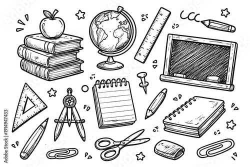Hand-drawn school supplies collection featuring notebooks, globe, and chalkboard