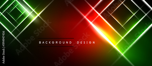 Abstract neon lines create dynamic geometric pattern. Vivid green, red gradients dominate dark background. Text reads background design.