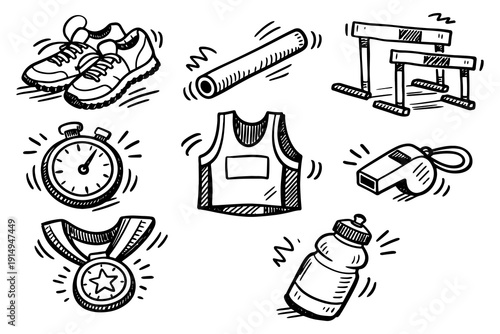 Hand drawn sports equipment icons: sneakers, stopwatch, water bottle, more