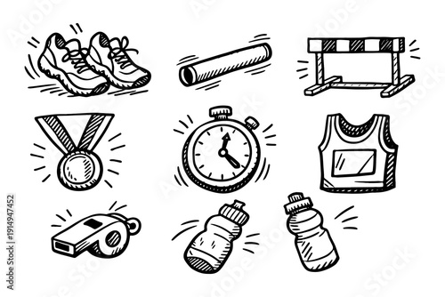 Hand-drawn athletic equipment and track icons for fitness and sports enthusiasts