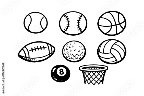 Hand drawn collection of sports balls and equipment with basketball hoop