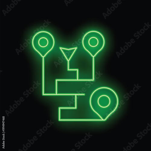 Neon green glowing gps route with pins marking the path on a black background