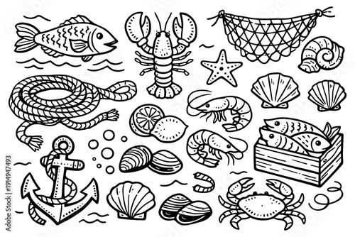 Hand drawn sea life collection with marine creatures and nautical elements