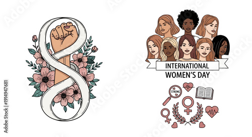 International Women's Day illustration with diverse women and empowerment symbols