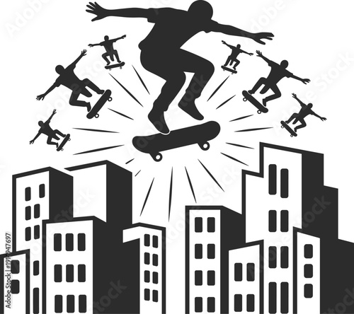 Flat vector illustration of skateboarder silhouettes performing aerial tricks above cityscape skyline with dynamic motion lines, urban skateboarding extreme sport culture