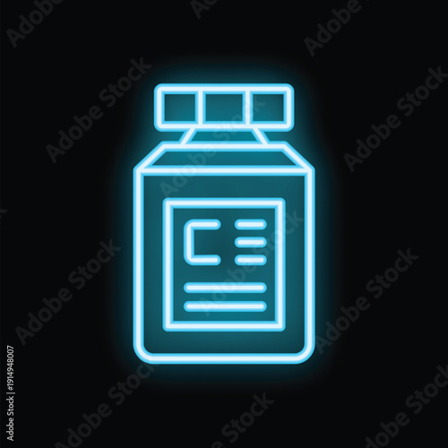Blue neon icon of a medicine bottle glowing against a dark background