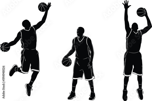Basketball player silhouette set, athlete dribbling jumping dunking shooting action isolated black sport figure vector illustration collection