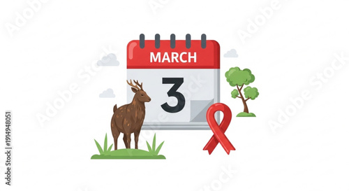 World wildlife day march 3rd awareness calendar icon with deer tree ribbon